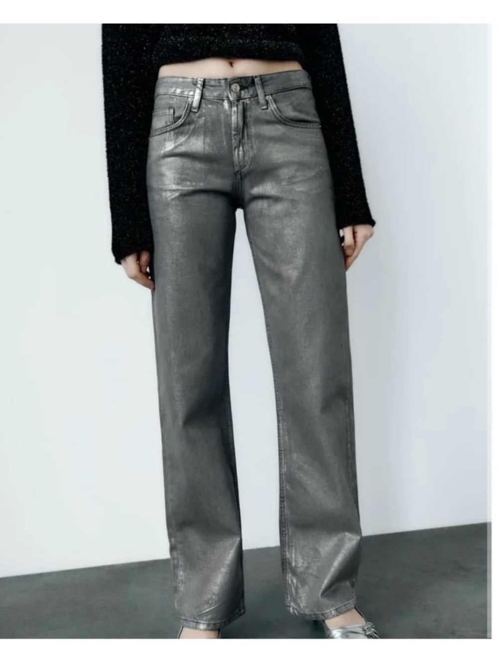 Zara Metallic Silver/Gray High Rise Straight Leg Jeans NWOT